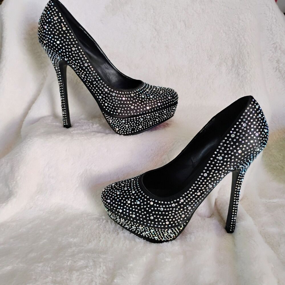 Deb Black Rhinestone Platform Stiletto Heels - Picture 6 of 16